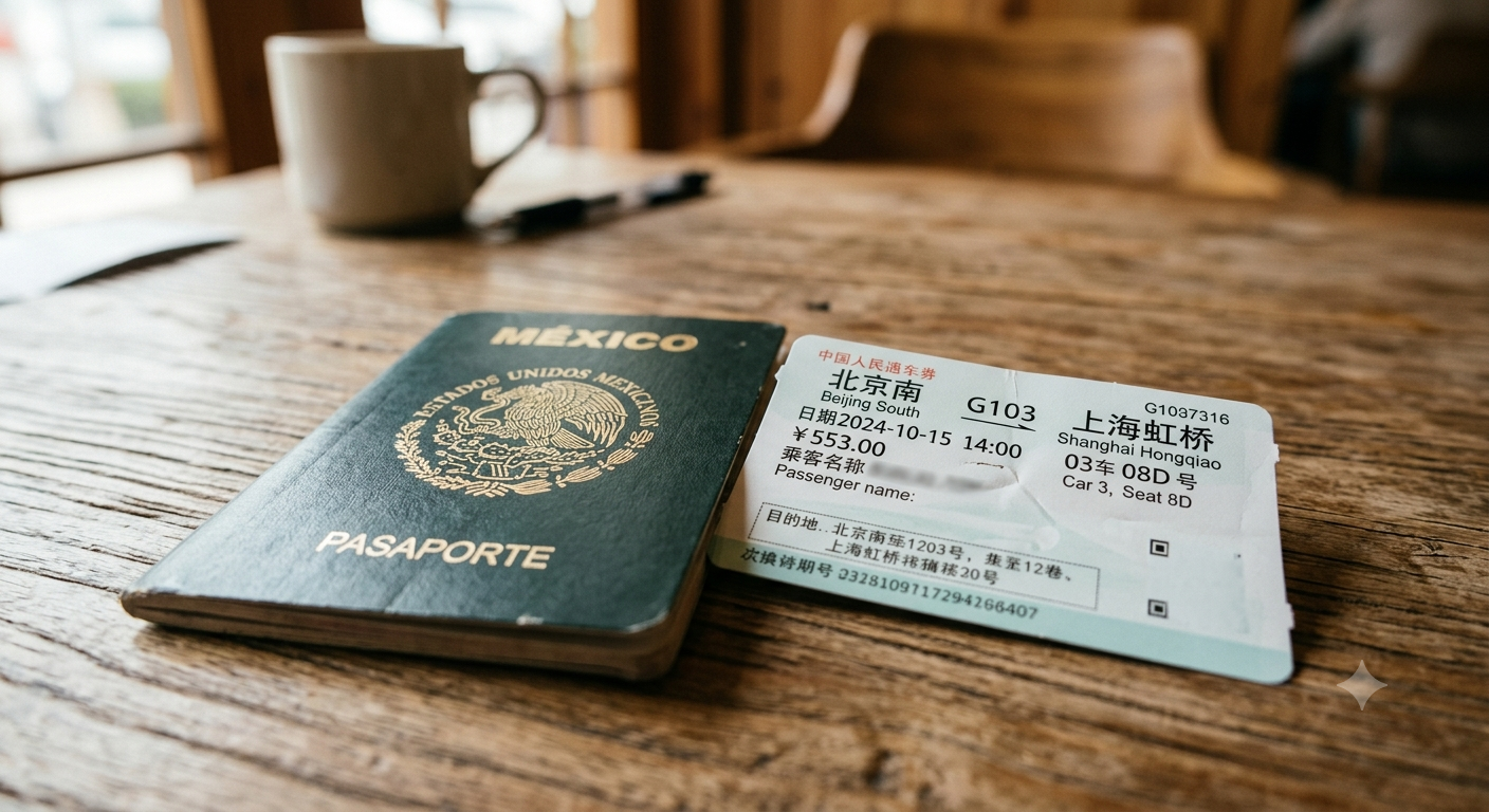 Una fotografía de primer plano que muestre un pasaporte mexicano junto a un boleto de tren de alta velocidad chino