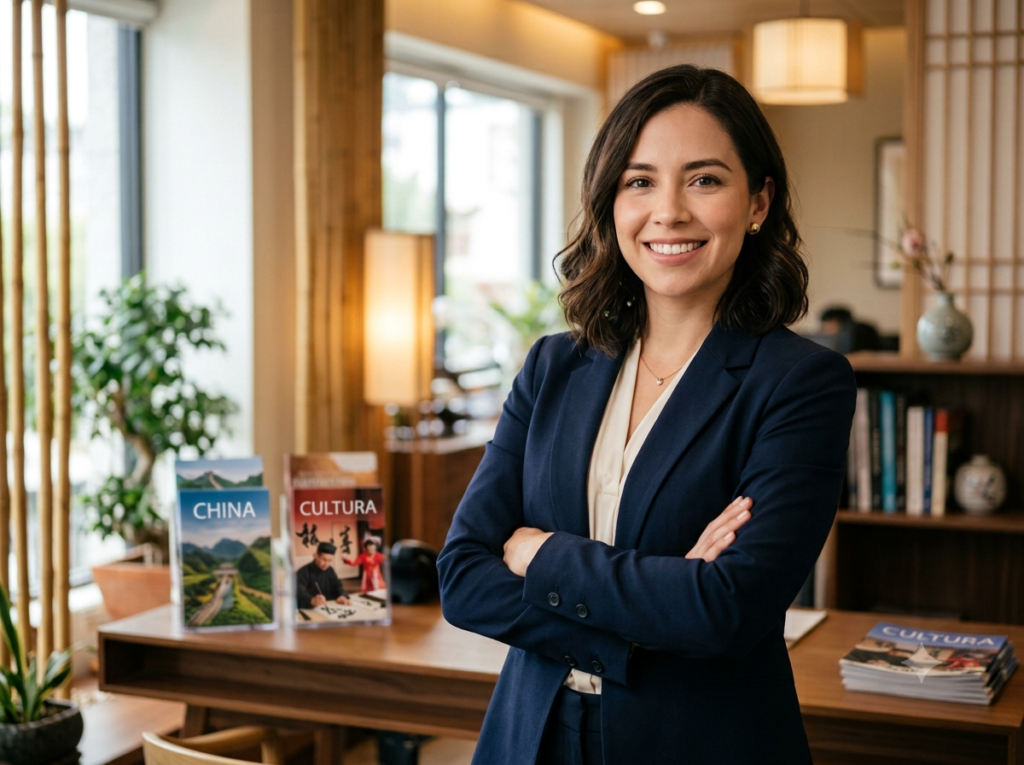 Una mujer sonriente, de cabello oscuro ondulado, con una chaqueta azul marino sobre una blusa beige y los brazos cruzados, de pie en una oficina de estilo asiático con un escritorio de madera, estanterías, plantas y folletos que dicen "CHINA" y "CULTURA" en español.