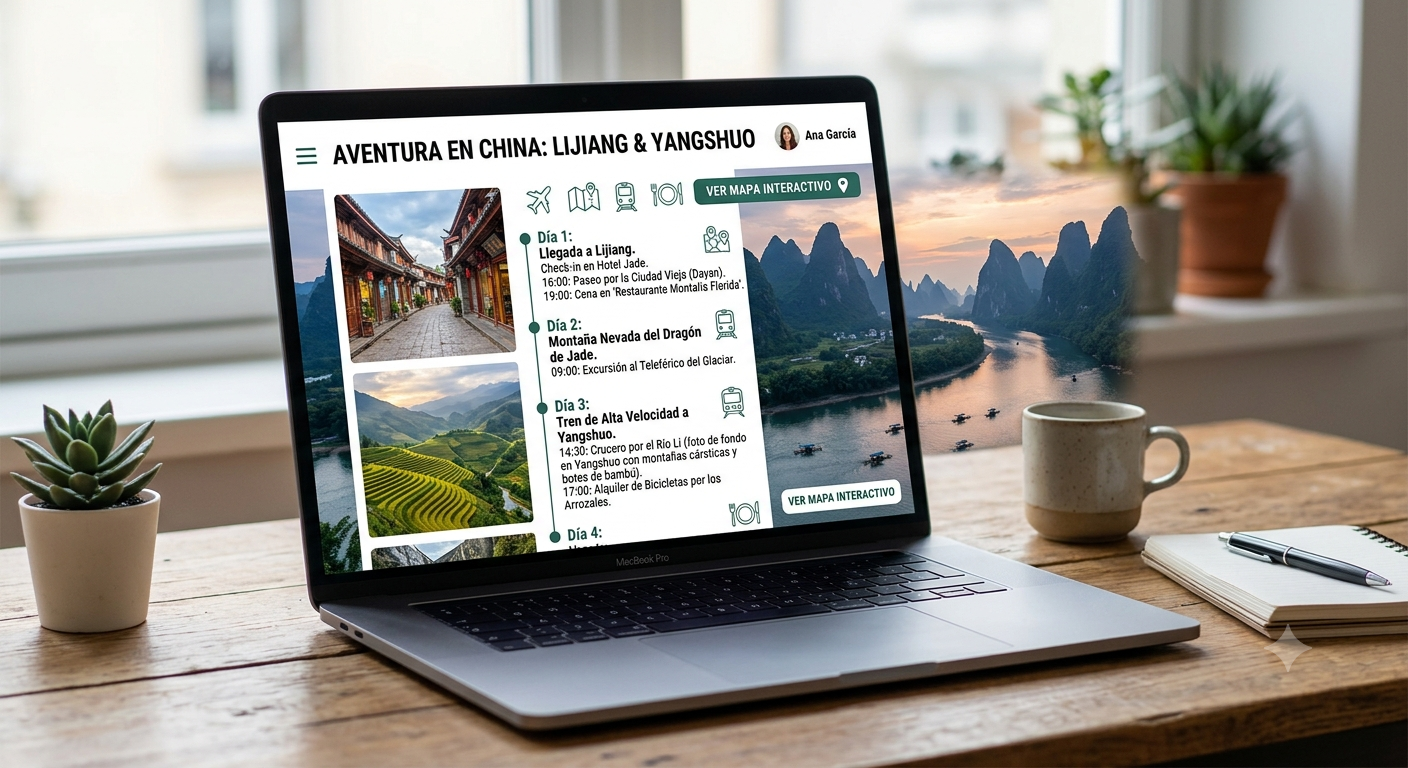 diseño de itinerario digital personalizado para un viaje a Lijiang y Yangshuo, China. El itinerario incluye fotos de Lijiang Old Town, las terrazas de arroz de Dragon's Back y la montaña nevada de Jade Dragon. También incluye mapas interactivos, recomendaciones de restaurantes y alojamiento, y un programa detallado día a día.