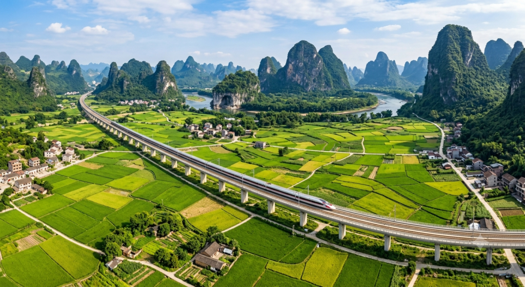 Esta imagen es una toma aérea de un paisaje en Guilin, China. Muestra una vía férrea de alta velocidad que se extiende a través de campos verdes y sinuosos, con las famosas montañas kársticas de Guilin al fondo. Se pueden ver pequeños pueblos y tierras de cultivo intercalados a lo largo de la vía férrea. El cielo está despejado y el sol brilla sobre el paisaje.